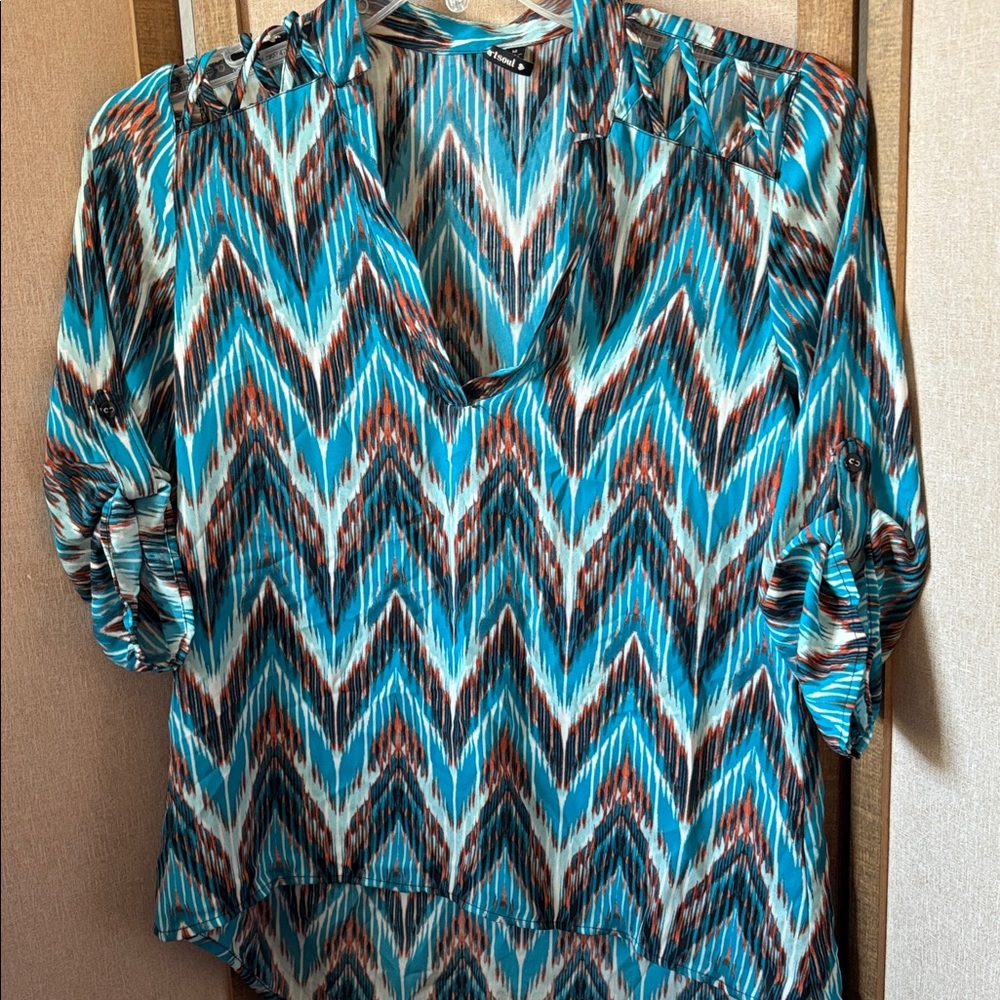 FINAL MARKDOWN Heartsoul Blue and Brown Chevron Blouse medium